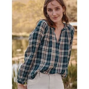 Garnet Hill Teal and Cream Plaid Peasant Blouse